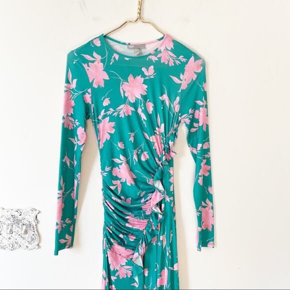 ASOS Turquoise Green and Pink Floral Ruched Ruffle Midi Dress 4 - Picture 6 of 8